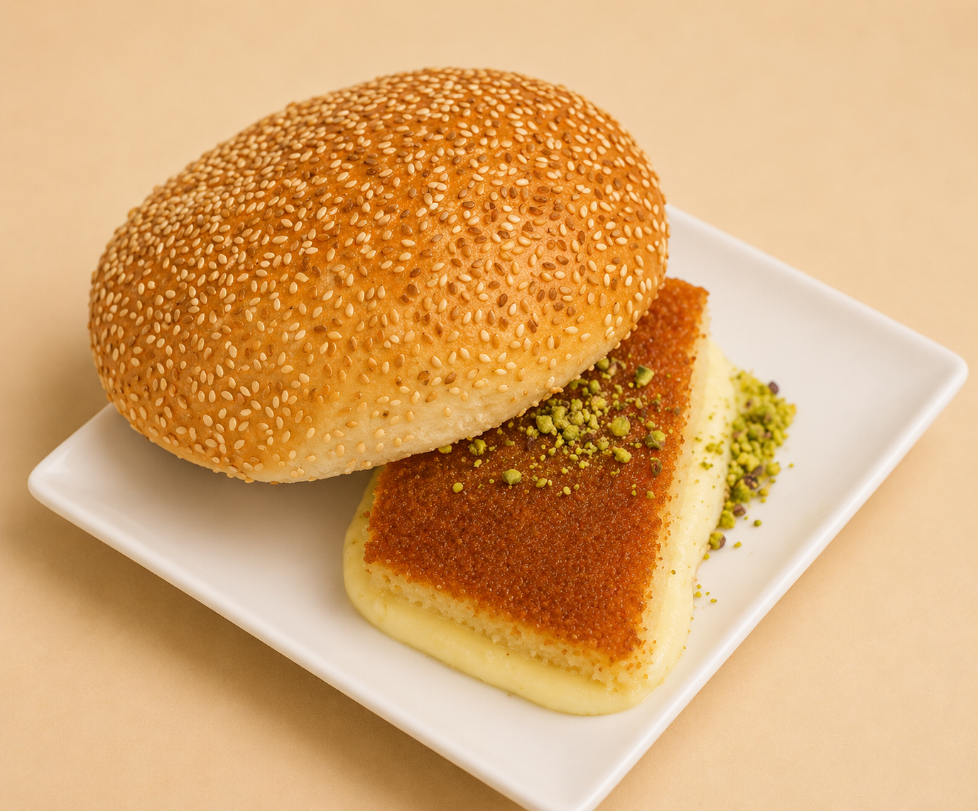 Warm knafeh with crispy kataifi, melted cheese and crushed pistachios